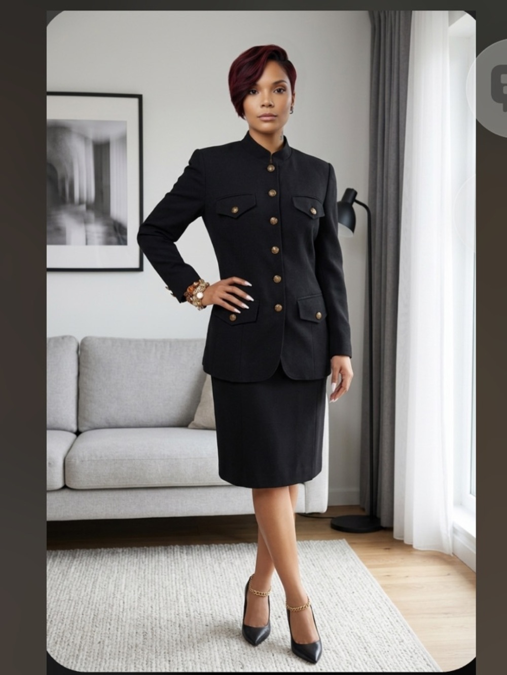 Hugo Buscati Black & Jones New York Skirt Two-Piece Skirt Suit with Gold B☑️